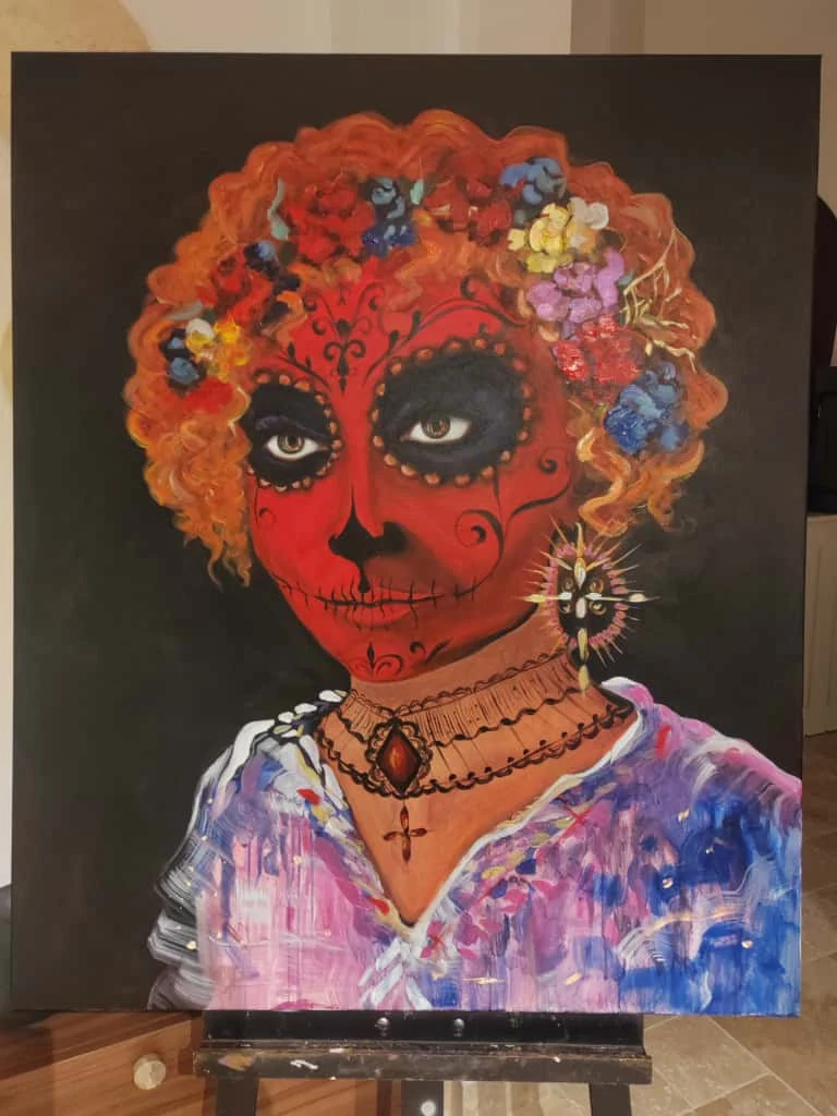 Tablou în acrilic reprezentând o femeie într-o rochie elegantă machiată pentru sărbătoarea Dia de los Muertos, lucrare originală de Irina Olariu